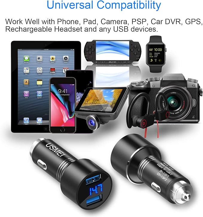 Car Charger, USMEI Quick Charge 3.0 Dual USB Charger Adapter with Voltmeter, Compatible with iPhone 15/14/13, Samsung S24/S23/S22/Note 20/10 and More