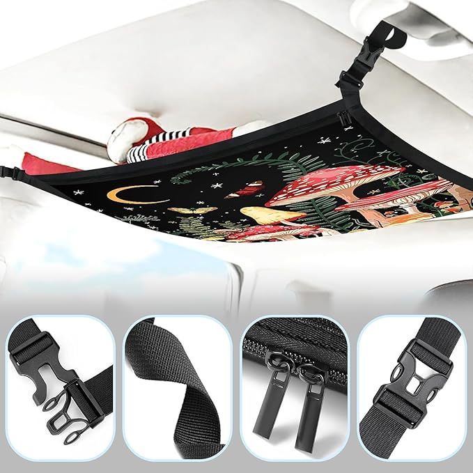 Mushroom Galaxy Car Storage Mesh Organizer Ceiling Cargo Net Double-Layer Adjustable Zipper Truck SUVs Travel Road Trip Essentials etc. Interior Organizer