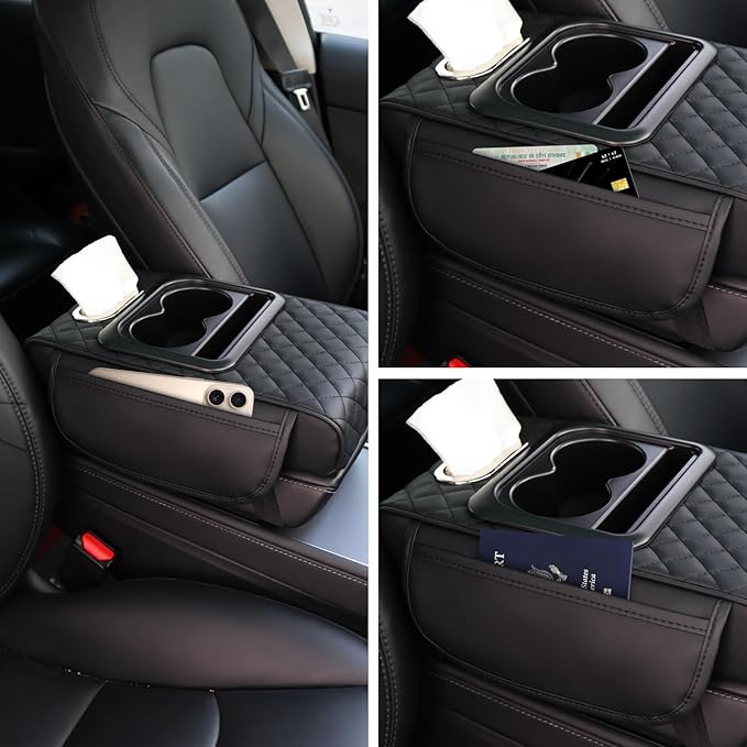 Car Armrest Cushion,5-in-1 Center Console Cover with 2 Storage Bags Cup Holder, Tissue Box Slot, Phone Slot for Sedans, Car Accessories Interior Organizers