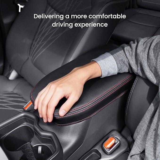 Center Console Cover for Toyota RAV4 2019-2025, Upgraded PU Leather Armrest Cover for RAV4 Adventure/Hybrid/XLE/LE/Limited/TRD Off-Road/Premium/XLE Premium (Red Stitching)