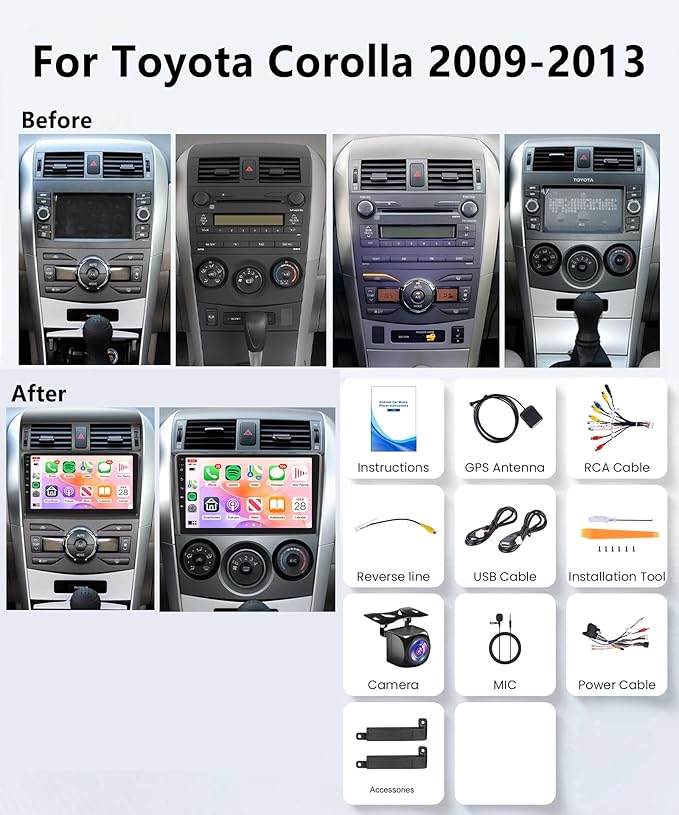4Core 4G+64G Android 15 Car Radio for Toyota Corolla 2009-2013 Car Stereo Wireless Carplay, Rimoody 9'' HD Touchscreen Mirror Link GPS Navigation 5G-WiFi Bluetooth FM/RDS EQ-32 SWC Backup Camera