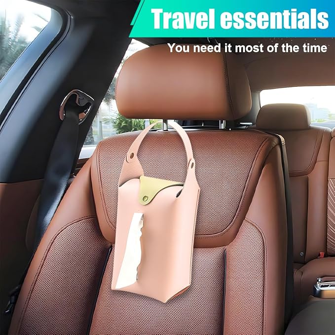 Car Tissue Holder, Large Car Headrest Hanging Tissue Box Cover, PU Leather Auto Napkin Holder, Universal Vehicle Backseat Paper Organizer for Cars Sun Visor (Pink)