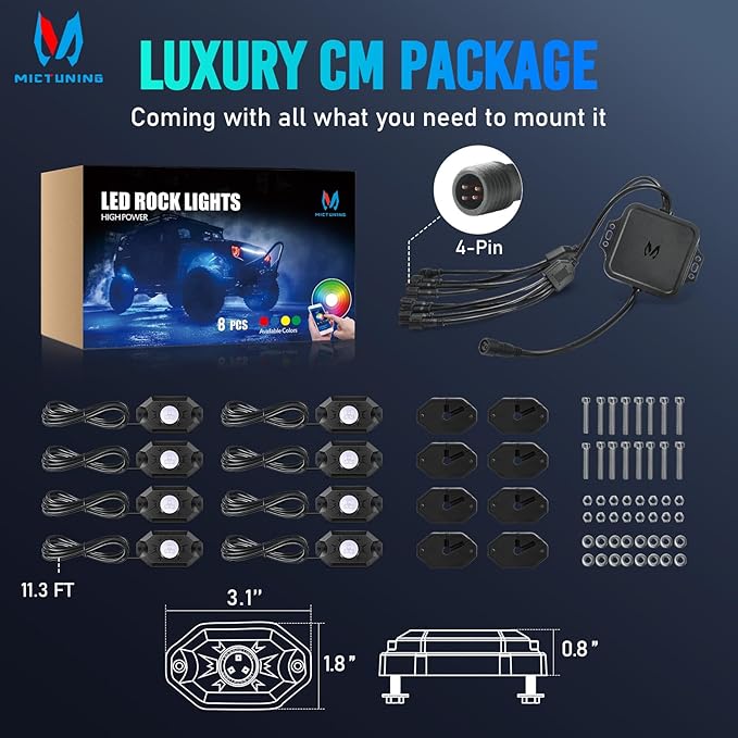 MICTUNING 2nd-Gen CM RGB Rock Lights - 8 Pods Waterproof Multicolor Neon Underglow Kit with Bluetooth App Control & Music Mode for Trucks Pickup UTV SUV ATV(2 Year Warranty)