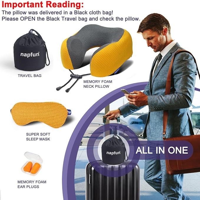 napfun Neck Pillow for Traveling, Upgraded Travel Neck Pillow for Airplane 100% Pure Memory Foam Travel Pillow for Flight Headrest Sleep, Portable Plane Accessories, Yellow Striped Kit