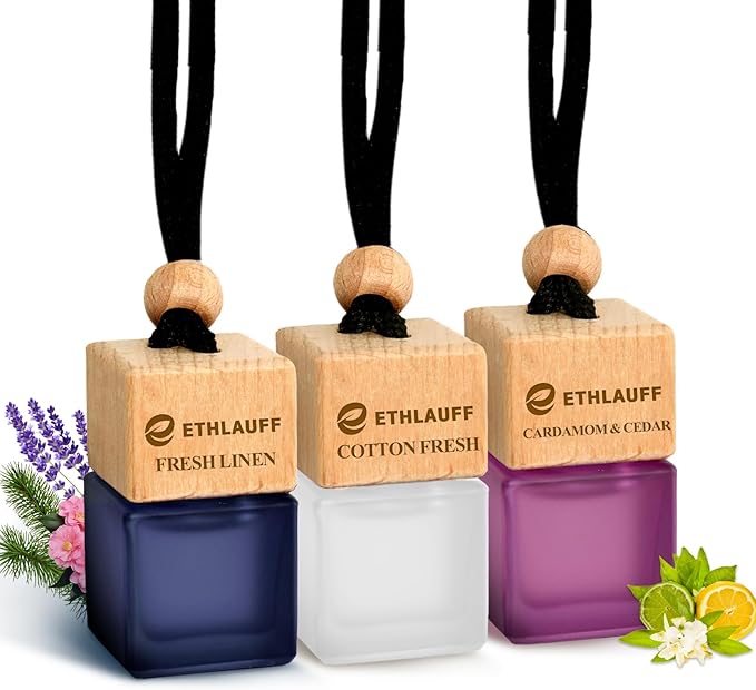 Car Air Freshener Hanging, 3 Pcs Cotton Fresh, Fresh Linen, Cardamom & Cedar, Car Scent Air Fresheners Diffuser for Car, 45+ days Long Lasting Fragrance, 0.27 FL OZ/8ML