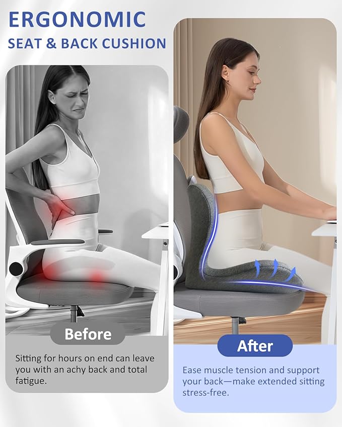 Seat Cushion with Back Support,Lumbar Support Pillow for Office Chair,X Large Memory Foam Chair Cushions for Sciatica Tailbone Pain Relief Coccyx Pad for Wheelchair, Car, Home, Office, Desk