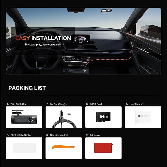 2.5K Dash Cam, Full HD Dash Camera for Cars, 5G Wi-Fi & App Control Car Camera with Super Night Vision, 170°Wide Angle, WDR, 24H Parking Mode, Free 64GB Card