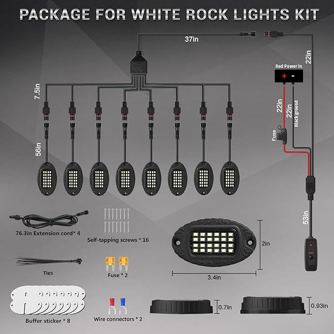 8 Pods Alloy Pure White LED Rock Lights for Truck Offroad ATV UTV RZR SUV Boat, Metal 6500K 24 LEDs White Neon Underglow Light with Switch Extension Harness, Under Trail Rig Fender Lighting