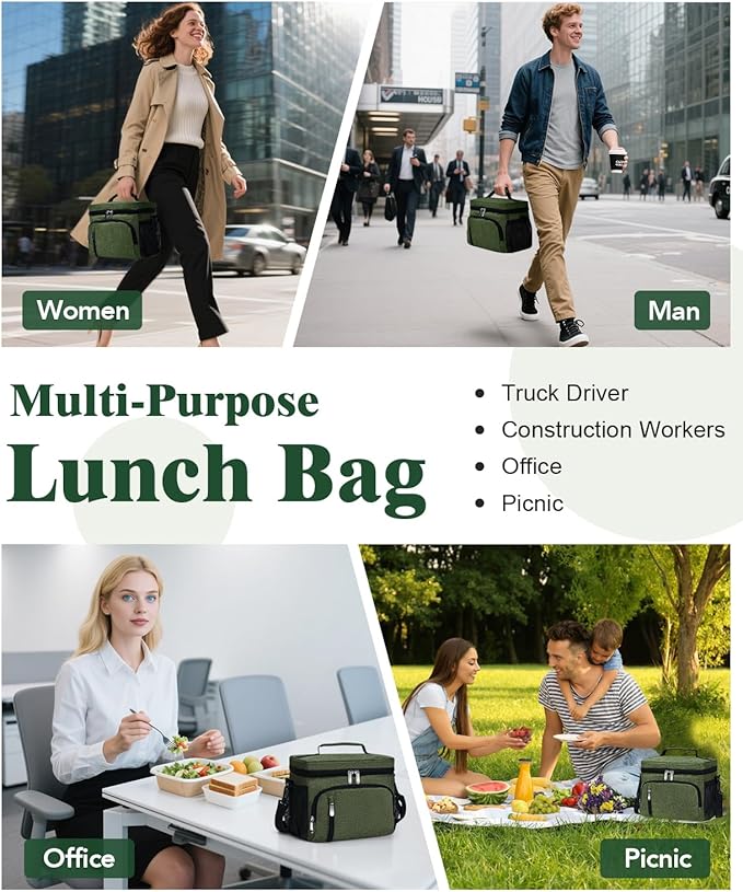 Insulated Lunch Bag for Men & Women, 9L Leakproof Lunch Box Soft Cooler Tote with 5 Pockets, 600D Oxford, EVA Lining, Adjustable Strap for Work, Picnic, Beach&Travel-Green