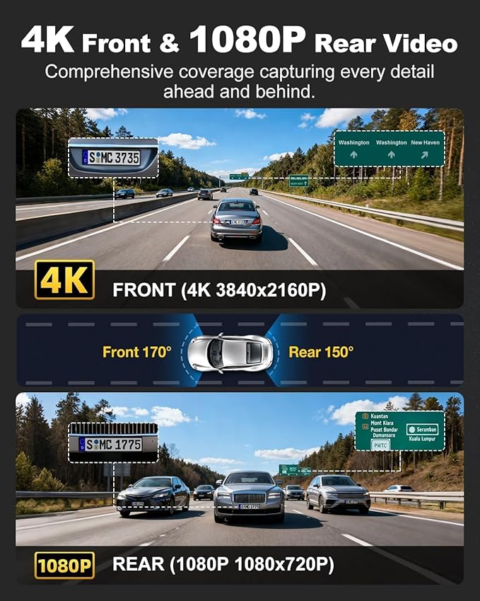 JOMISE A80-T Dash Cam Front and Rear 4K, Touch Button Dual Control, STARVIS 2 IMX675, 5GHz WiFi 20MB/s Download, Dash Camera for Cars with 3.18" Screen, 64GB Card Included