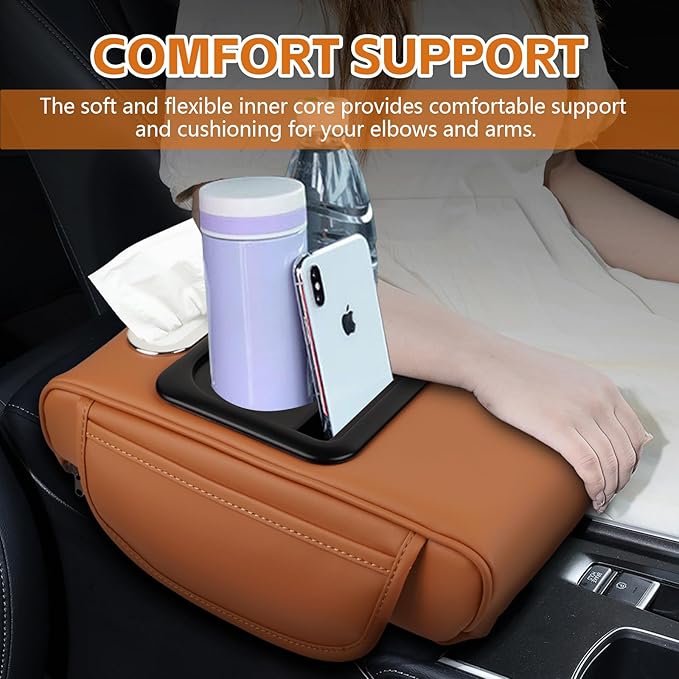 wuyaoyao Car Center Console Cover, 13.39"×8.27"×3.15" Leather Car Armrest Cover with Pocket & Tissue Box & Cup Holder, Multifunctional Auto Armrest Cushion Pad, Universal Car Accessories (Coffee)