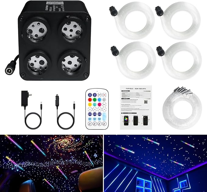 AMKI Updated 4Color Meteor Twinkle 36w Starlight Headliner Kits 1080pcs 0.03in 13.1ft, 240pcs RGB Meteor Shooting Star Cable, 2 in 1 Fiber Optic Light Box RGBW Sound Activated Mode for Car& Home Decor