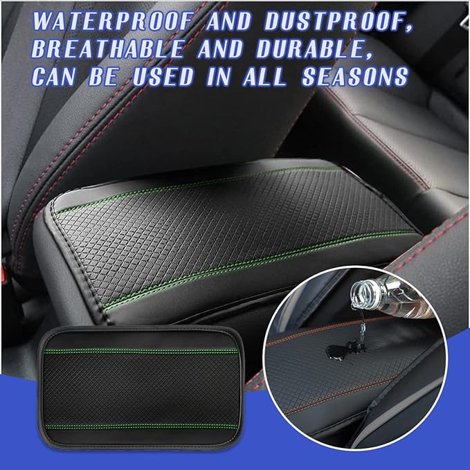 Ziciner Car Center Console Armrest Pad, 12.6X 7.2 Inch PU Leather Waterproof Auto Armrest Seat Box Cover Protector, Universal Car Interior Accessories (Black & Green)