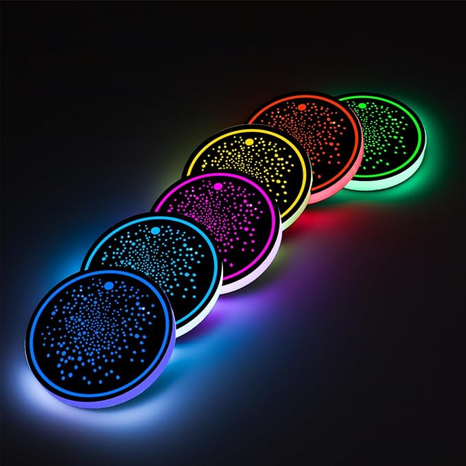 2Pcs LED Car Cup Holder Lights, 7 Colors Light Up Cup Coasters, USB Rechargeable Interior Lighting Accessories for Car Truck Vehicle Decoration