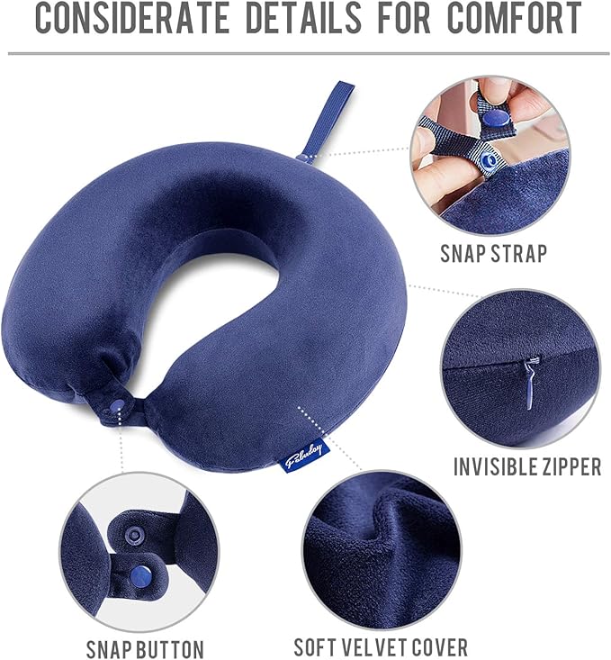 Fabuday Travel Pillow Memory Foam - Head Neck Support Airplane Pillow for Traveling, Car, Home, Office, Travel Neck Flight Pillow with Attachable Snap Strap Soft Washable Cover