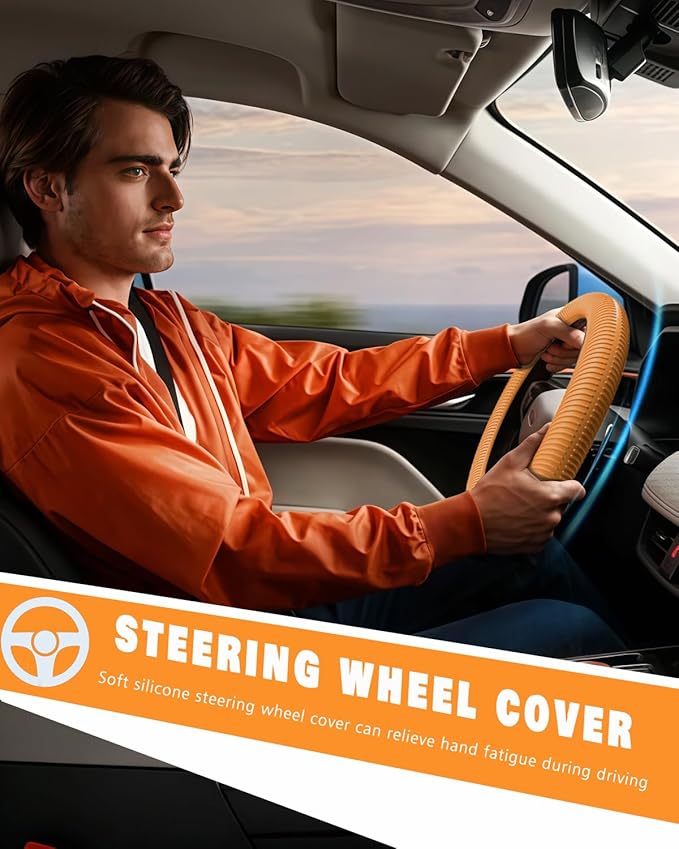 WOCOCN Car Steering Wheel Cover, Thin Anti-Skid Silicone Steering Wheel Cover for Men & Women, Universal Automotive Interior Accessories for Most Cars (Dark Orange)
