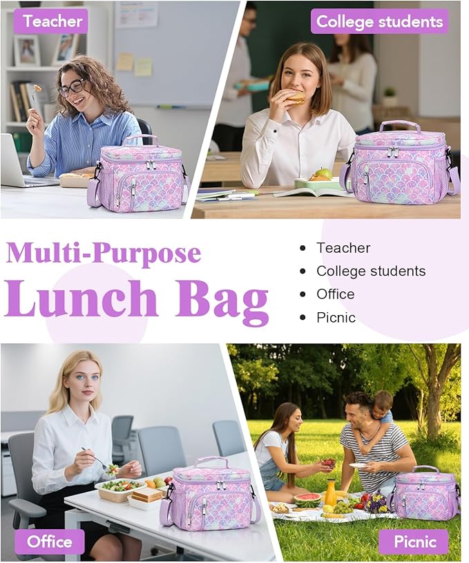 Insulated Lunch Bag for Women - Leakproof Lunch Box Soft Cooler Tote, Adjustable Strap, Reusable Lunch Box for Work Office Picnic Beach Travel-Corduroy Colorful Fish Scales
