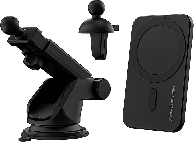 Ghostek NRGmount MagSafe Car Mount Charger iPhone 15W Fast Charging with Air Vent Clip, Dash Windshield Suction Clamp with Adjustable Arm Designed for iPhone 13 Pro Max, iPhone 12 Pro Max mini (Black)