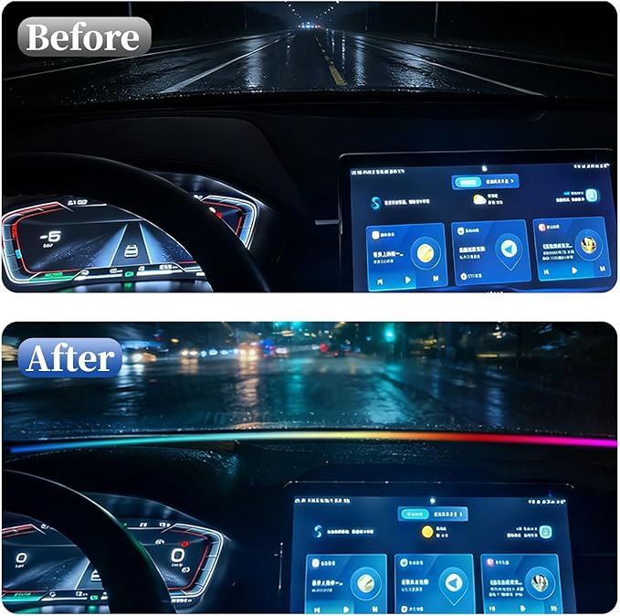 Car Dashboard LED Interior Strip Light,55''USB Powered Acrylic Neon Flexible Strip Fiber Optic LED Ambent Lighting Kits with Remote APP and Type-C Adapter(1 in 1)