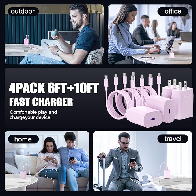 Essri Type C Charger Fast Charging for Samsung Galaxy S25/S24/S23/S22/Note 20,4Pack 25W Super USB C Fast Charger Block with (6ft+10ft) x2 Cables for iPhone 15/16 Pro Max/Plus, Android Phones-Pink