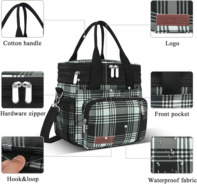 MIYCOO Lunch Bag & Lunch Box for Women Men, Double Deck Leakproof Insulated Soft Large Adult Camping Cooler bag for Work, Beach, Picnic, Travel (Checkered Black and White, 15L)