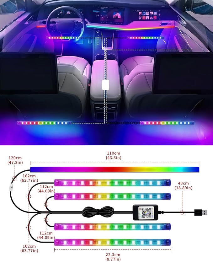 YM E-Bright 5 in 1 Car Interior Led Light Kit,Dreamcolor Acrylic Neon Interior Car LED Strip Lights,Dash Footwell Multicolor with Music Sync Mode and DIY Mode