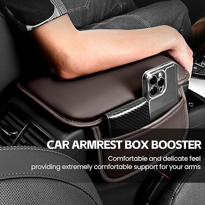 Car Center Console Cover, 11.6"×8.3" Leather Car Armrest Cushion Pad with 2 Storage Pockets, Comfortable Arm Rest Box Cover Mat for Most Vehicles, Universal Interior Accessories (Brown)