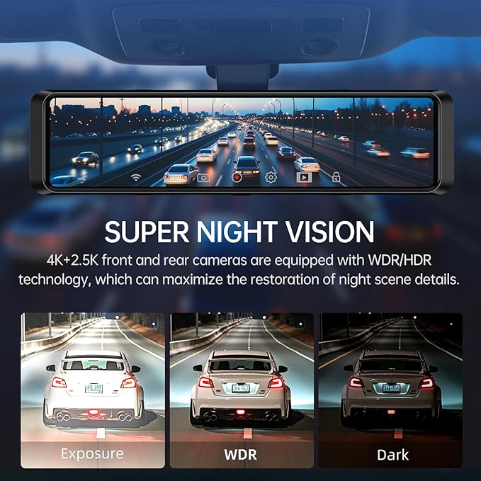 4K Rear View Mirror Camera, 12'' Mirror Dash Cam, 4K/2.5K Backup Camera for Car, WiFi/GPS Dash Cam Front and Rear with 32GB Card, APP, Voice Control, WDR Night Vision, Reverse Assist (Black)