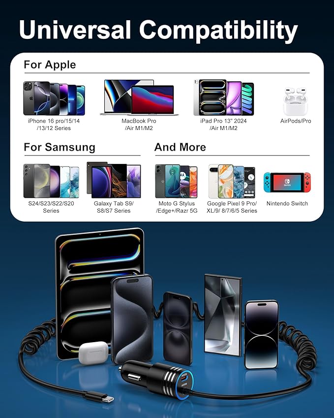 iPhone 16e 17e Car Charger USB C, 60W Dual PD Super Fast Charging Car Adapter with Coiled USB-C Cable for Apple 17/16 Pro Max/16 Pro/15 Plus/15Pro, iPad mini/Air/Pro 11 inch, Type C cargador para Car