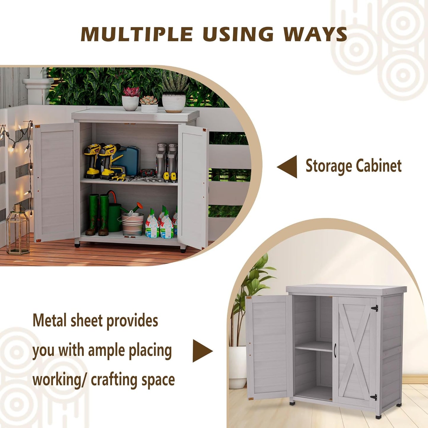 Outdoor Storage Shed Waterproof, Potting Shed with Storage Cabinet and Metal Table Top for Backyard Garden Patio,Outdoor Work Station Table