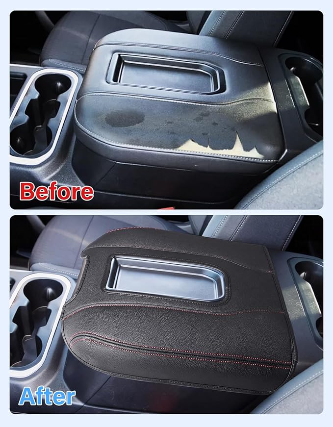 Center Console Armrest Cover for Chevy Chevrolet Silverado 1500/GMC Sierra 2019-2026, Yukon/Suburban/Tahoe 2021-2026, PU Leather Middle Console Lid Protector Cushion Thick Pad Black-Red(Bucket Seat)