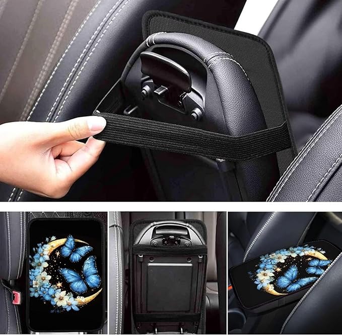 UNICEU Blue Flower Butterfly Armrest Cover Pad for Car Interior Set Soft Car Center Console Armrest Cushion Cover for Vehicle SUV Truck Car Butterfly Car Accessory for Women