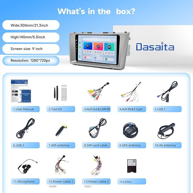 Dasaita 6GB+64GB Car Stereo Radio for Toyota Camry 2007-2011 with Wireless Carplay & Android Auto, Android 13 GPS Navigation Head Unit, 9" QLED Touchscreen, Plug and Play, Voice Control