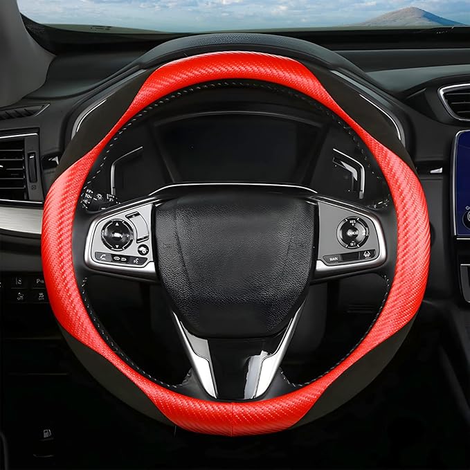 Steering Wheel Cover for Women and Men, Carbon Fiber Plush Steering Wheel Cover Soft Anti-Slip Comforting, Universal 15 Inches Steering Wheels Accessories (Carbon Fiber Black/Red)