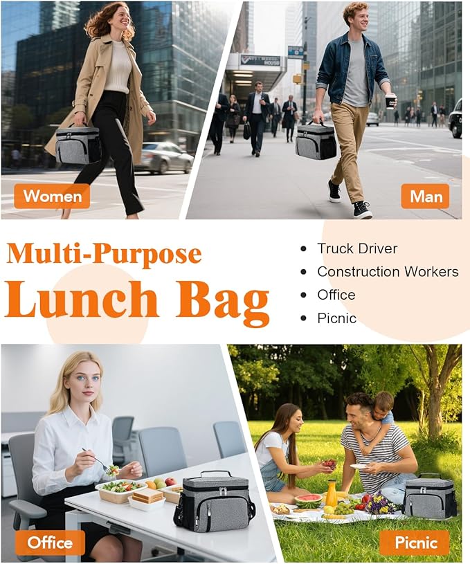 Insulated Lunch Bag for Men & Women, 9L Leakproof Lunch Box Soft Cooler Tote with 5 Pockets, 600D Oxford, EVA Lining, Adjustable Strap for Work, Picnic, Beach&Travel-Grey