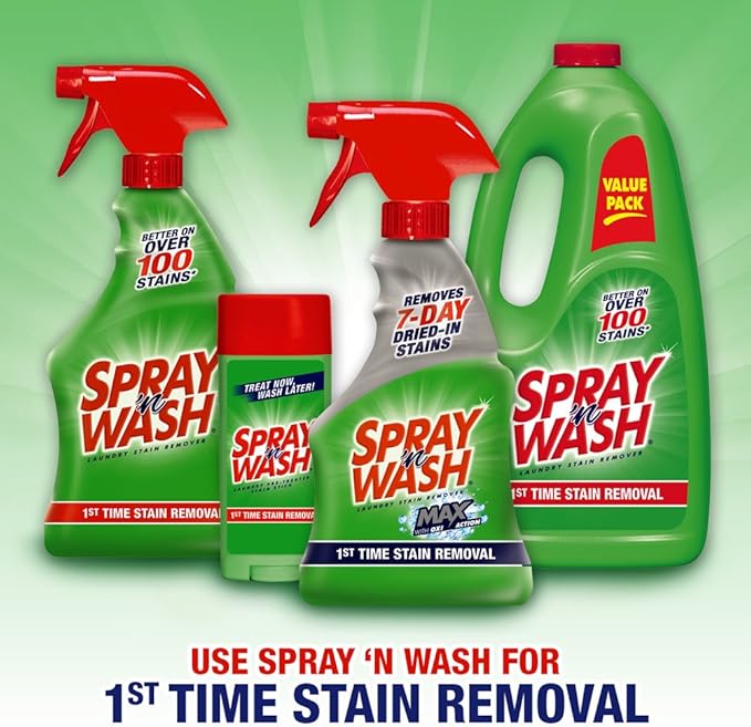 Spray N'Wash Pre-treat Laundry Stain Remover Bottles,Clear,1.37 Pound,132 Fl Oz,(Pack of 12)