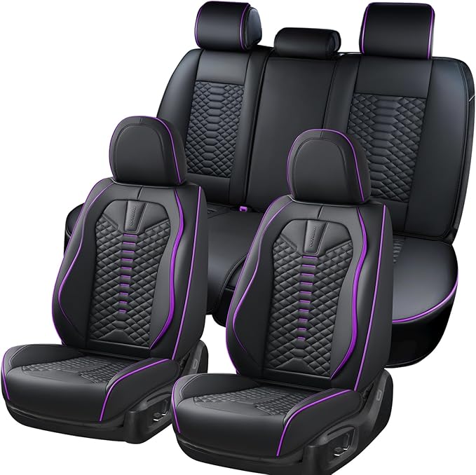 Coverado Car Seat Covers Front Seats, Nappa Leather Black&Purple Car Seat Cover, Automotive Seat Covers, Waterproof Driver Seat Protector, 2 Pack Front Seat Cover Car Seat Cushion Fit for Most Cars