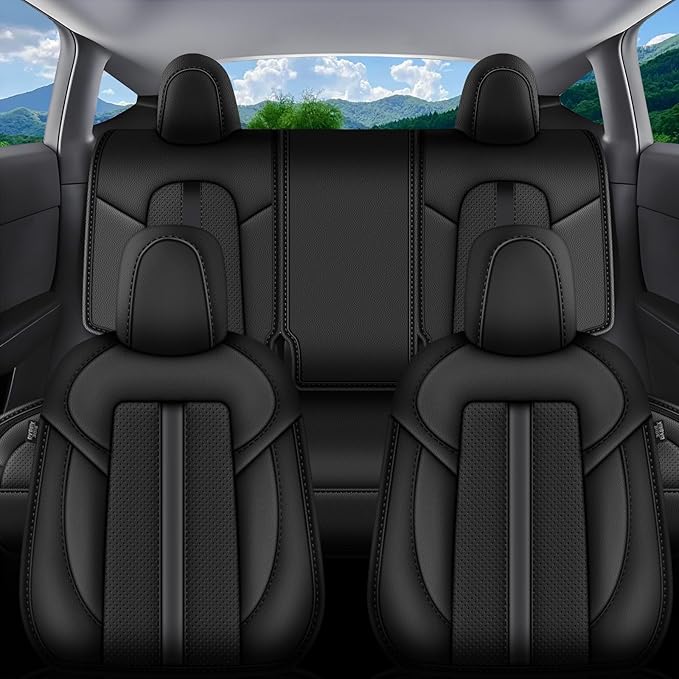 AOMSAZTO Car Seat Cover Fit for Tesla Model Y 2020 2024 - Half Surrounded Customized Seat Covers(Black with Stripe)