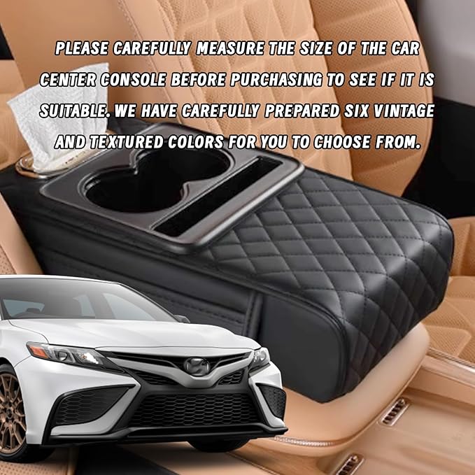 Car Armrest Cushion, 5 in 1 Center Console Cover with 2 Cup Holders, Phone Holder, Tissue Holder, Storage Bag, Multifunctional Leather Heightened Car Armrest Cushion for Most Cars(Black