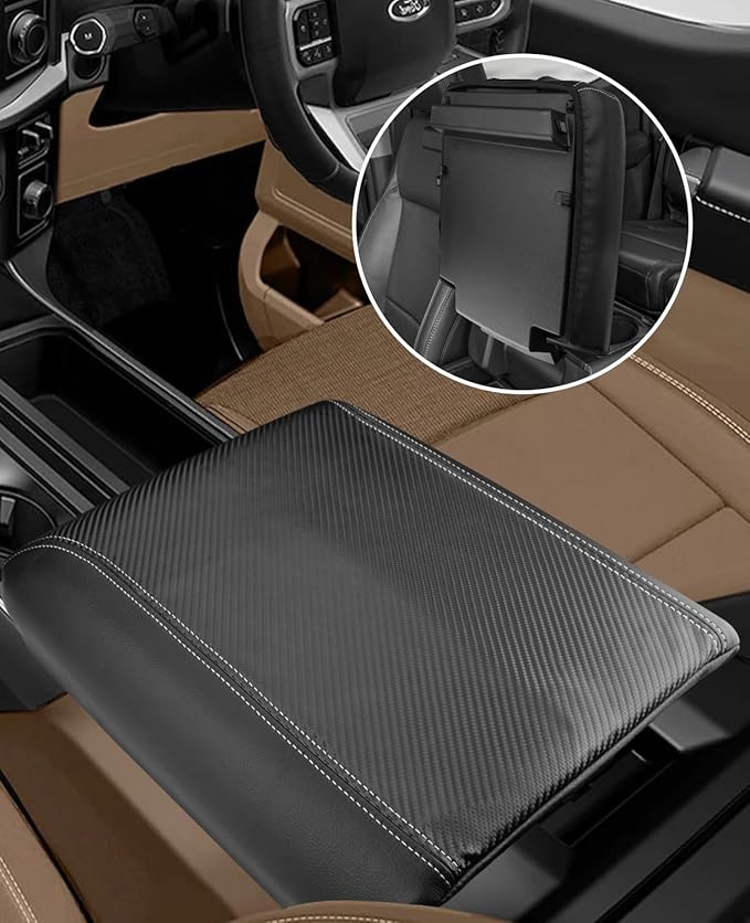 INTGET Center Console Cover for 2025 2026 Ford F150 Accessories Interior 2021 2022 2023 2024 Car Middle Arm Rest Armrest Lid Seat Cover Protector Elbow Cushion Pad (Carbon Fiber Texture, 2021-2026)