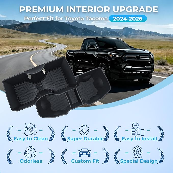 Center Console Cup Holder Inserts for Toyota Tacoma 2026 2025 2024, Silicone Front & Rear Cup Holder Liners Interior Accessories Cup Holders Covers Protector for 2024-2026 Tacoma, Black