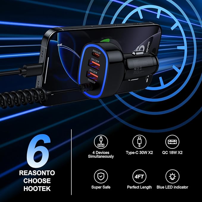 60W Type C Super Fast Samsung Car Charger for Galaxy S26/S25 Ultra/A17/Z Flip7/Fold7/A56/A16 iPhone 17 16e 16 Pro Max Pixel 10A, 4-Port USB C & USB A Car Phone Charger Adapter+4FT Type C Coiled Cable