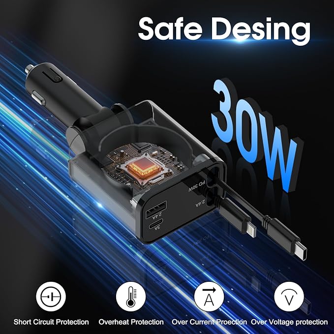 Retractable 70W 4 in 1 Car Charger with Retractable Cord, Fast Car Phone Charger Adapter Compatible with iPhone 16/15/14/13/12/11, Pixel, Samsung, USB C, Type C, Black (2024)