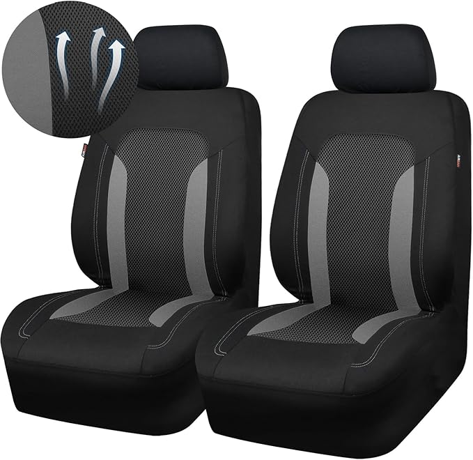 CAR PASS 3D Air Mesh Car Seat Covers Front Seats Low Back Bucket, Breathable Sporty Mesh in Summer Airbag Compatible Universal Fit 95% Automotive SUV,Truck,Sedan Interior Protector, Black Gray 2PCS
