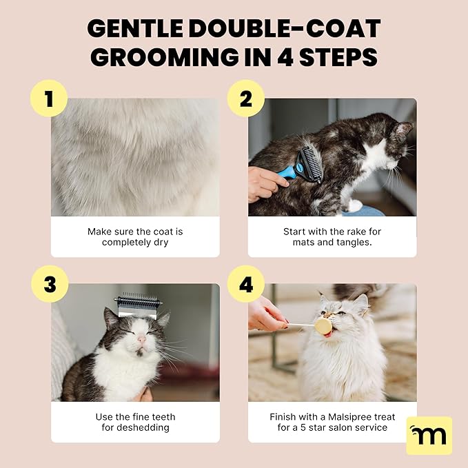 MalsiPree 2-in-1 Cat Brush for Shedding - Double-Sided Undercoat Rake for Long Haired Cats - Professional Dematting Tool for Dense Double-Coats - Gentle Deshedding Brush for Kittens, Blue