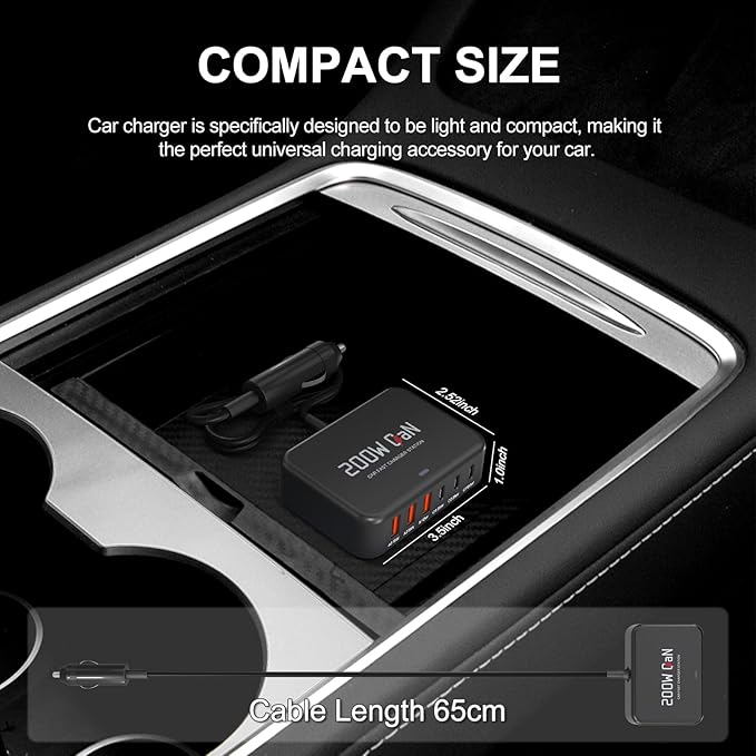 Dzytnsy 200W Car Fast Charging Station,6 Ports, Compatible with MacBook pro/Air/M5 M4 M3 M2 M1/Dell/Lenovo/HP,for iPhone 17/16/15 Series,Samsung Galaxy S26/S25 Ultra/S24 Series and More