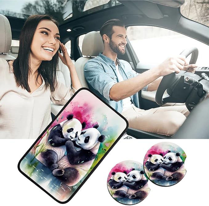 Car Armrest Cover Pads Universal Fashion Cute Auto Center Console Armrest Cover Pad with 2PCS Car Coasters Soft Waterproof Car Armrest Seat Protector for Women Girls, Cute Panda