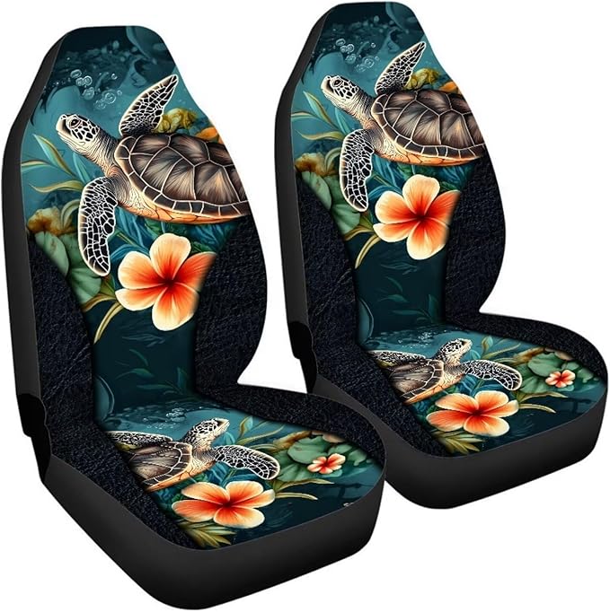 BIGCARJOB Art Sea Turtle Car Seat Cover Set for Front Seat Only,2 Pack Animal Turtle Print Auto Front Seat Protector Saddle Blanket for Women Car Interior Accessories