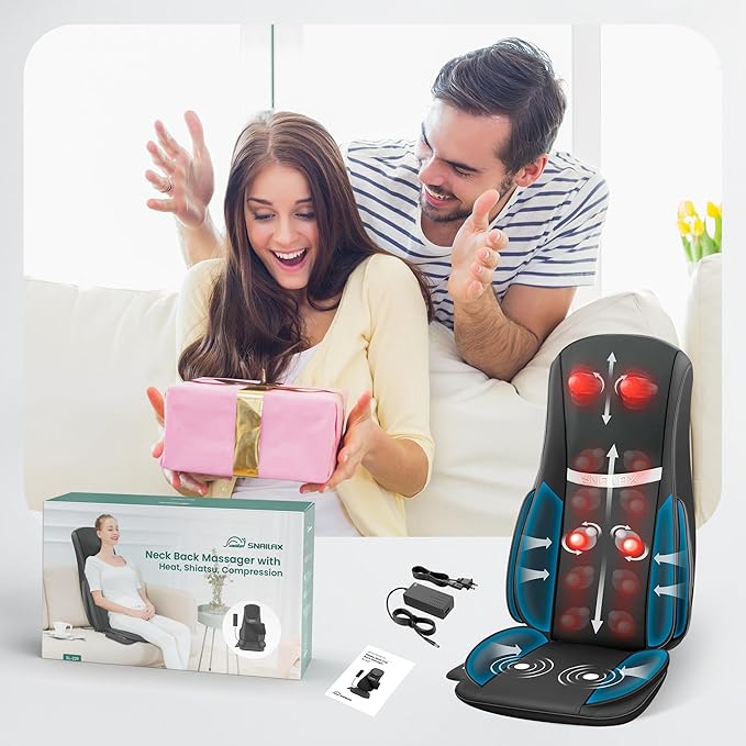 Snailax Shiatsu Neck Back Massager with Heat, Massage Chair Pad with Compression, Height-Adjustable Neck Massage Rollers Chair Seat Massager, Gifts for Men, Women