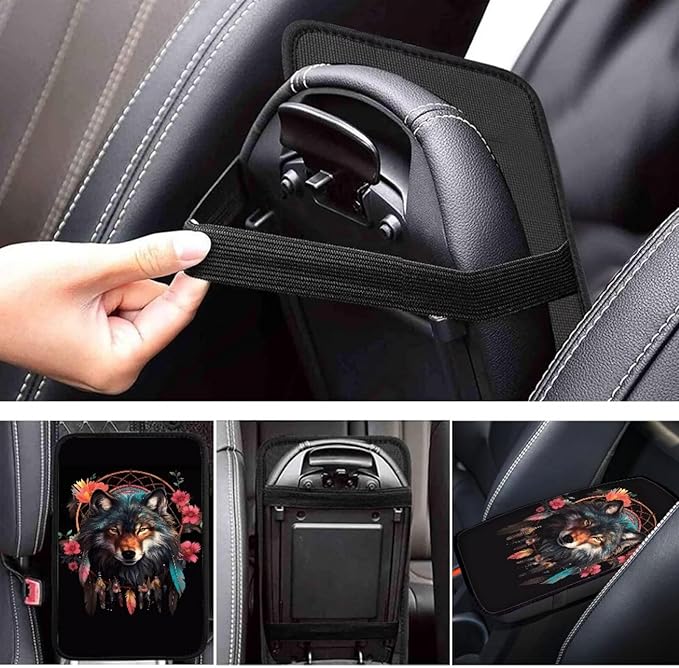 Dreamcatcher Wolf Floral Print Car Center Console Cover,Universal Armrest Cover Pads for Most Cars,SUV